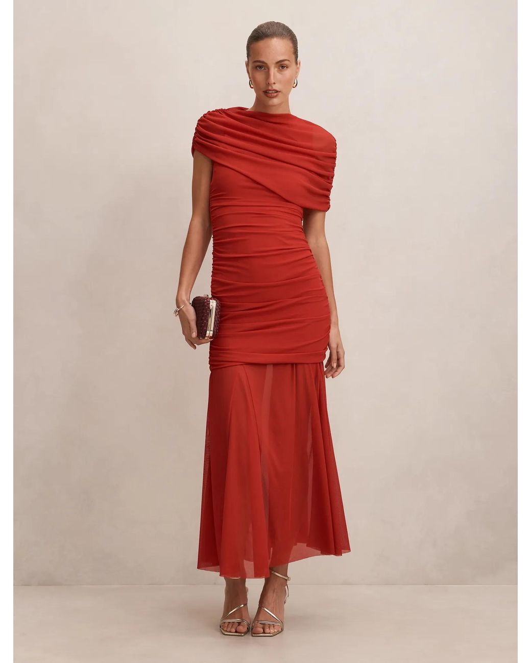 Forever New Red Elouise Asymmetric Cape Mesh Maxi Dress
