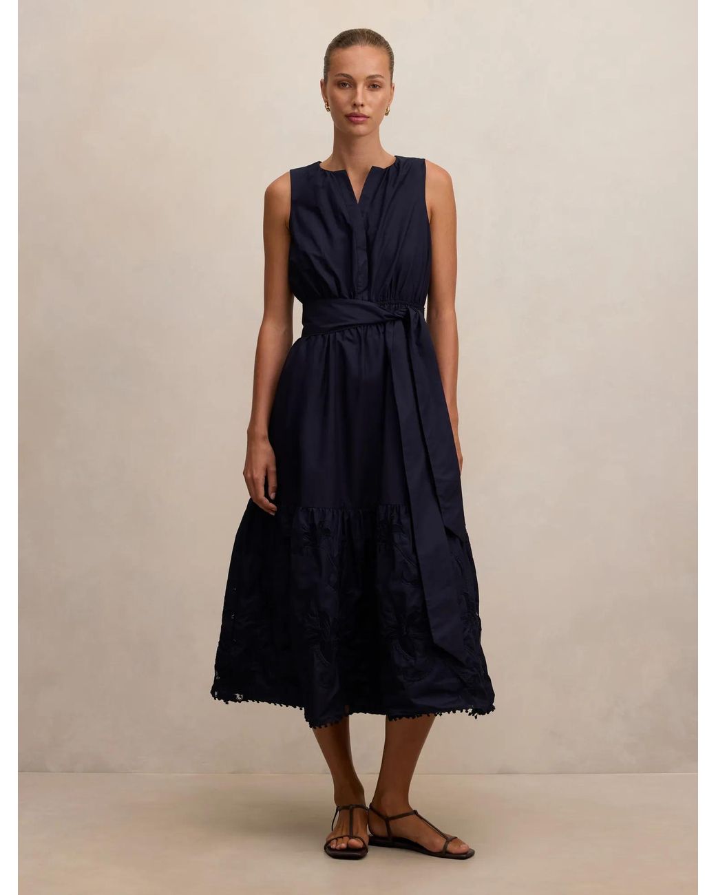 Forever New Blue Evie Sleeveless Embroidered Tie Midi Dress