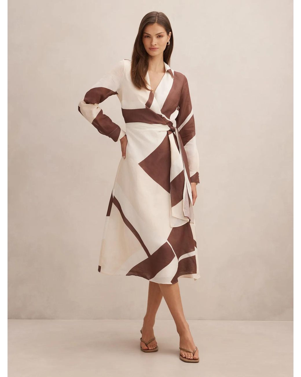 Forever New Natural Angelina Long Sleeve Tie Midi Dress