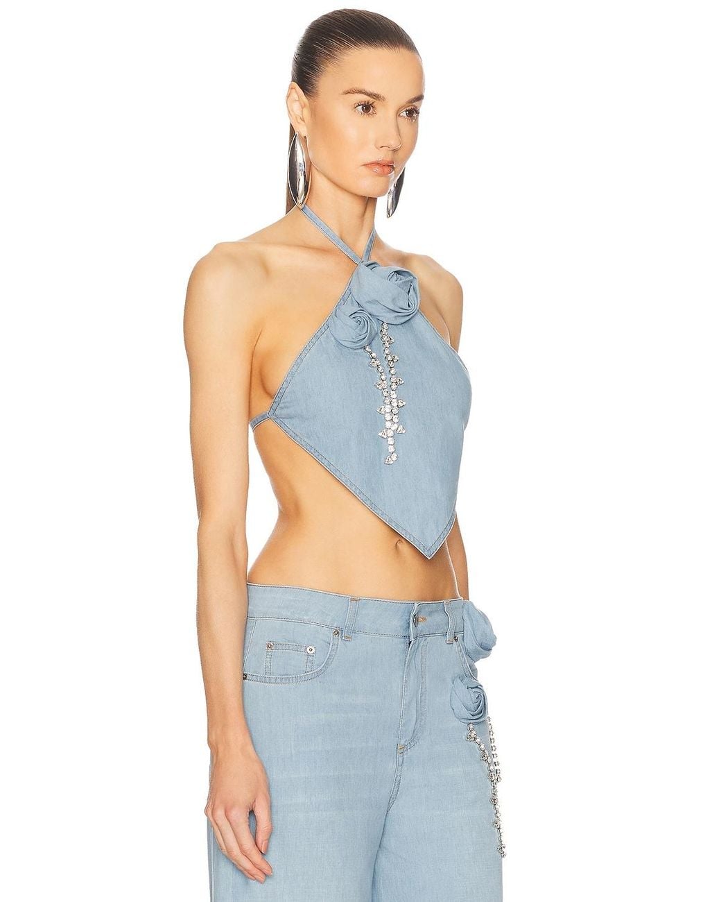 Area Blue Crystal Rosette Handkerchief Top