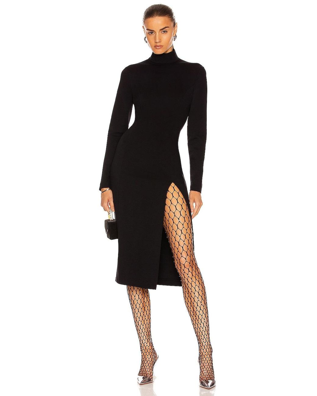 Amina Muaddi Midi Turtleneck Slit Dress 