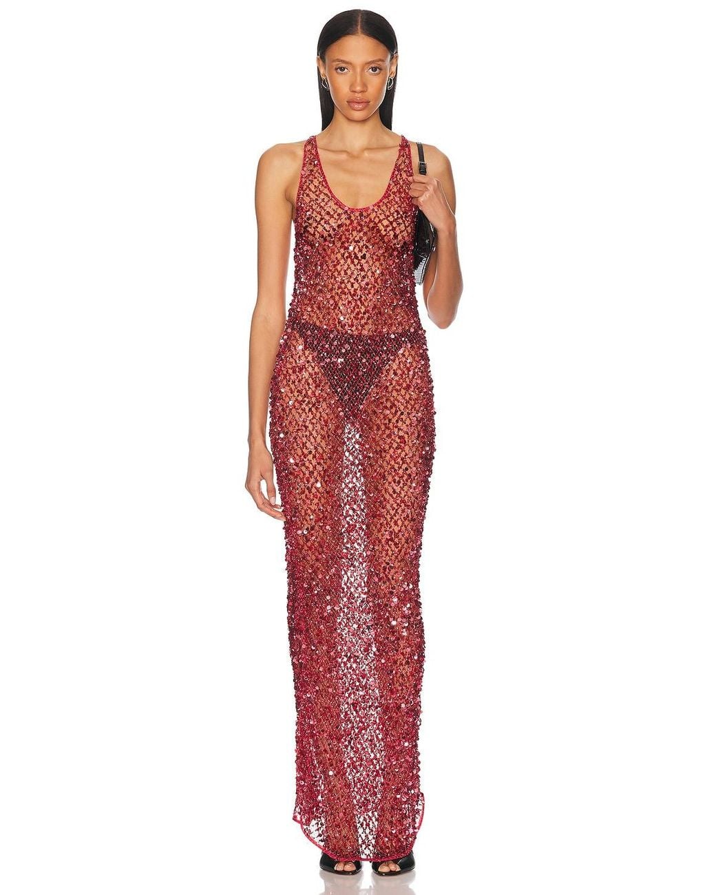 LAPOINTE Red Net Mesh Sequin Tank Gown
