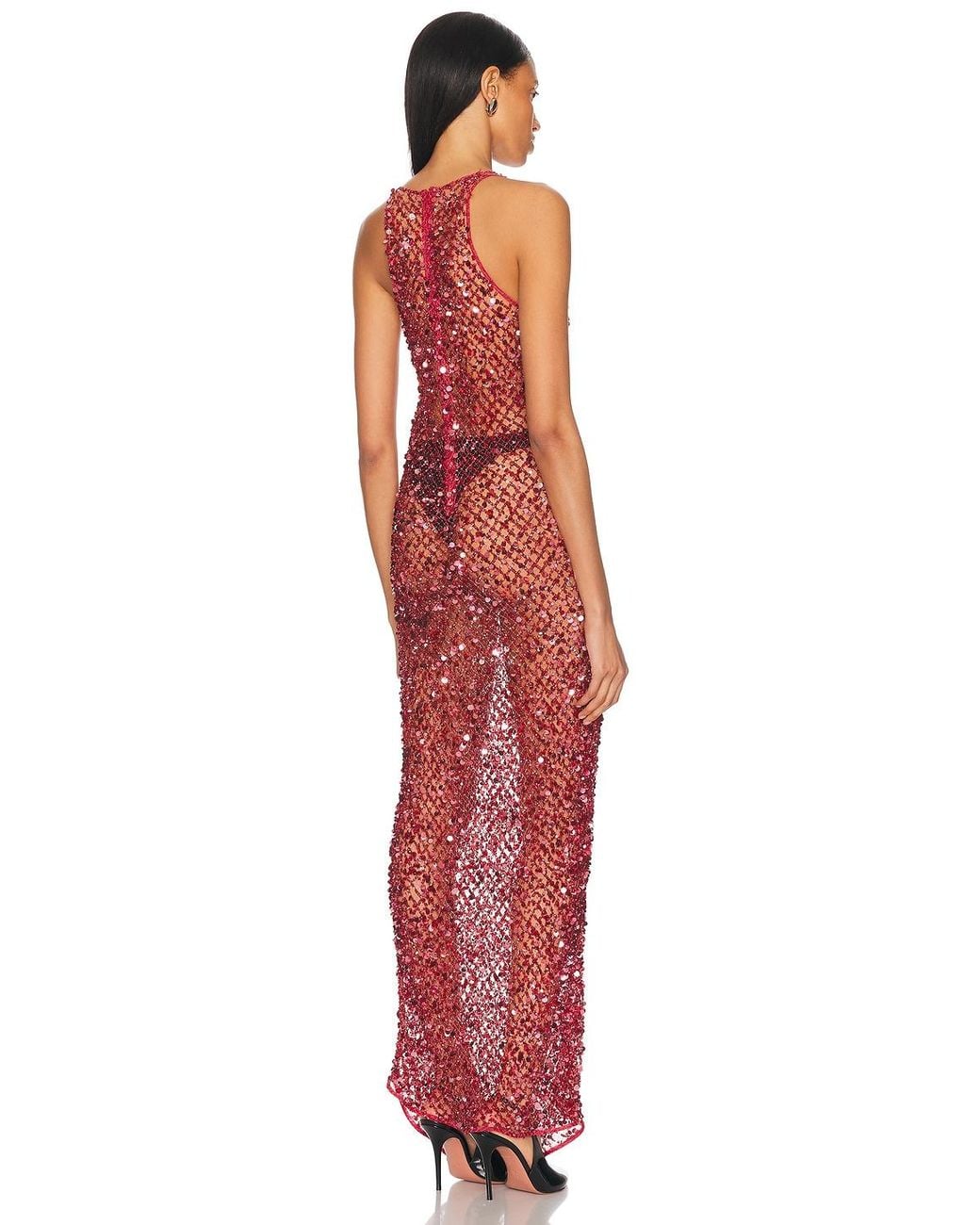 LAPOINTE Red Net Mesh Sequin Tank Gown