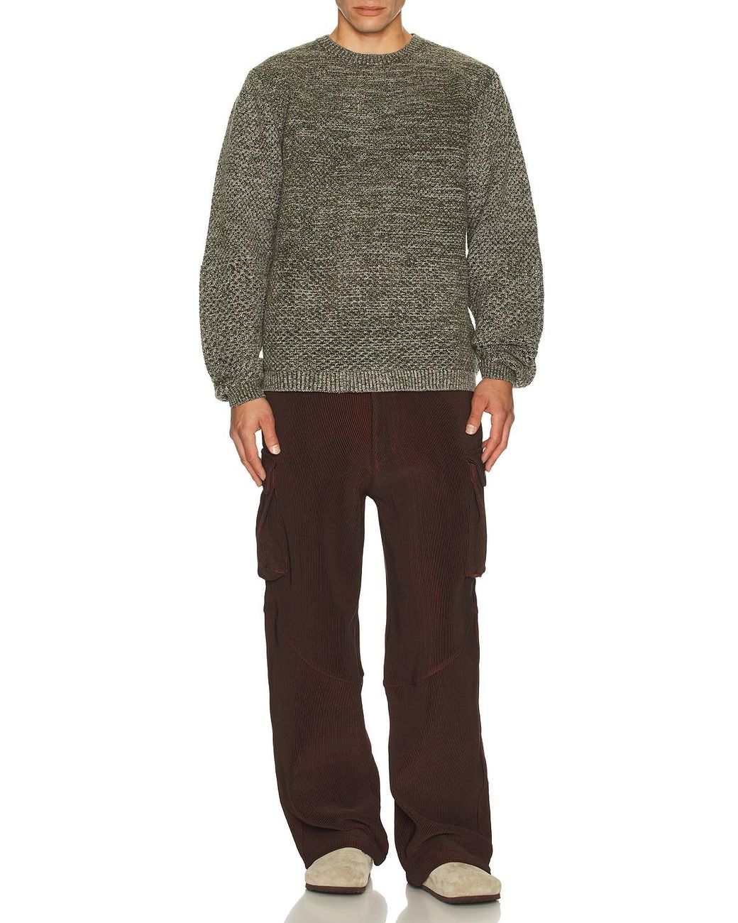 Isa Boulder Green Solid Crochet Crewneck Sweater for men