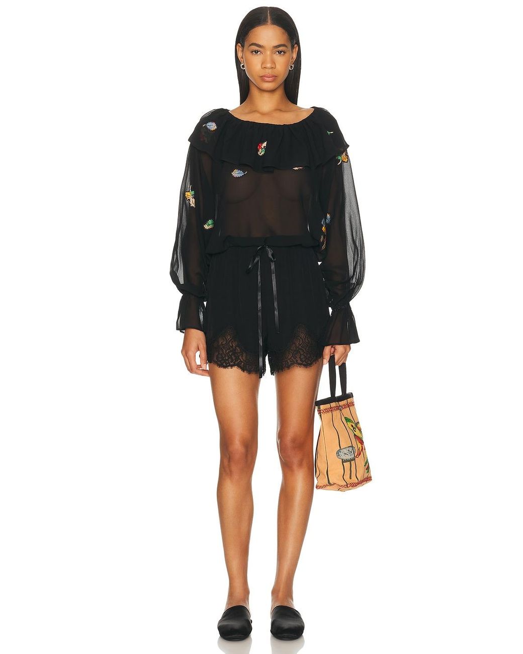 Bode Black Flower Toss Blouse