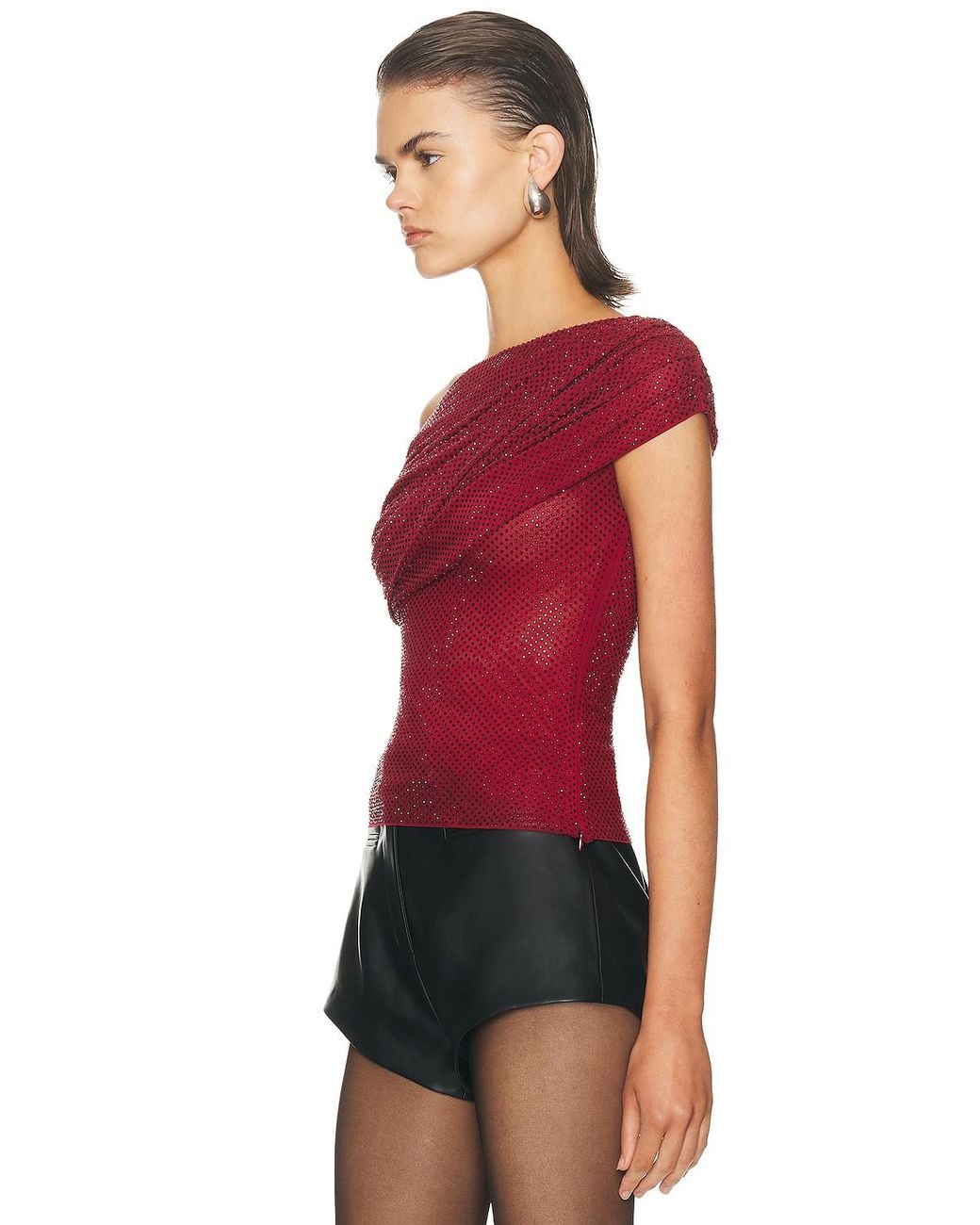 Self-Portrait Red Rhinestone Drape Top