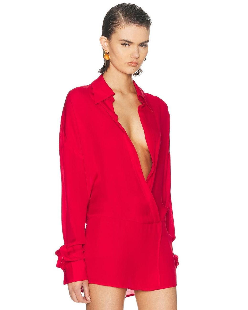 Monot Red Drape Front Silk Blouse