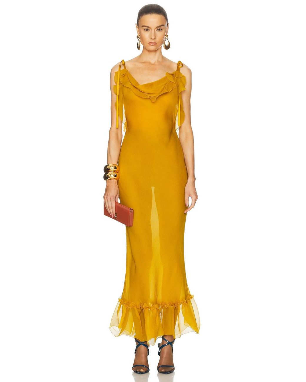 Saint Laurent Long Slip Dress in Yellow | Lyst