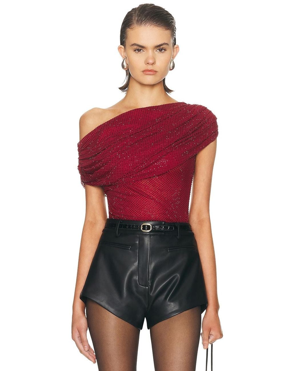 Self-Portrait Red Rhinestone Drape Top