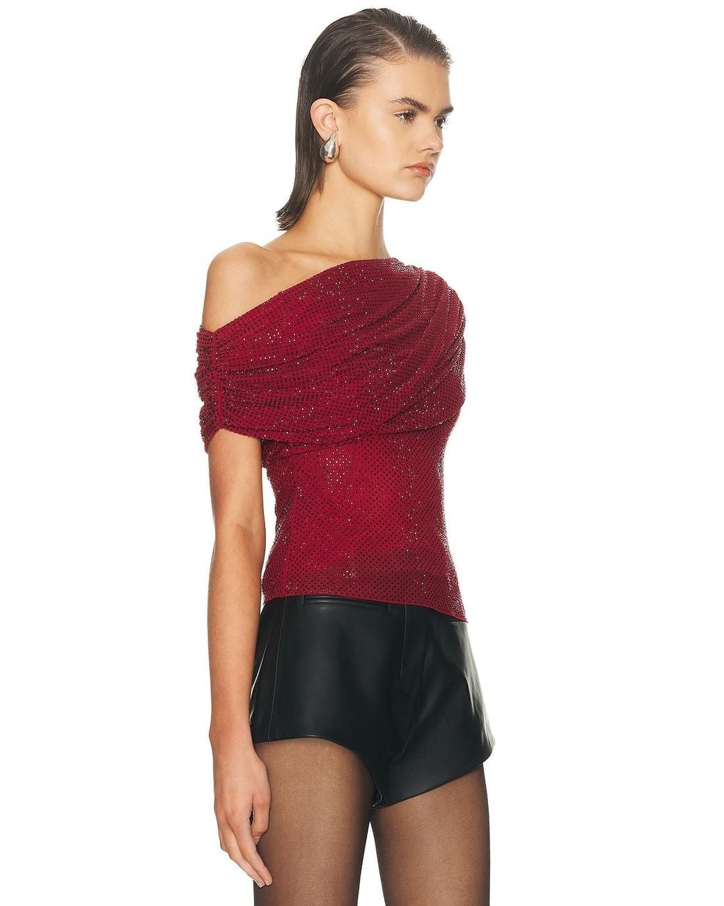 Self-Portrait Red Rhinestone Drape Top