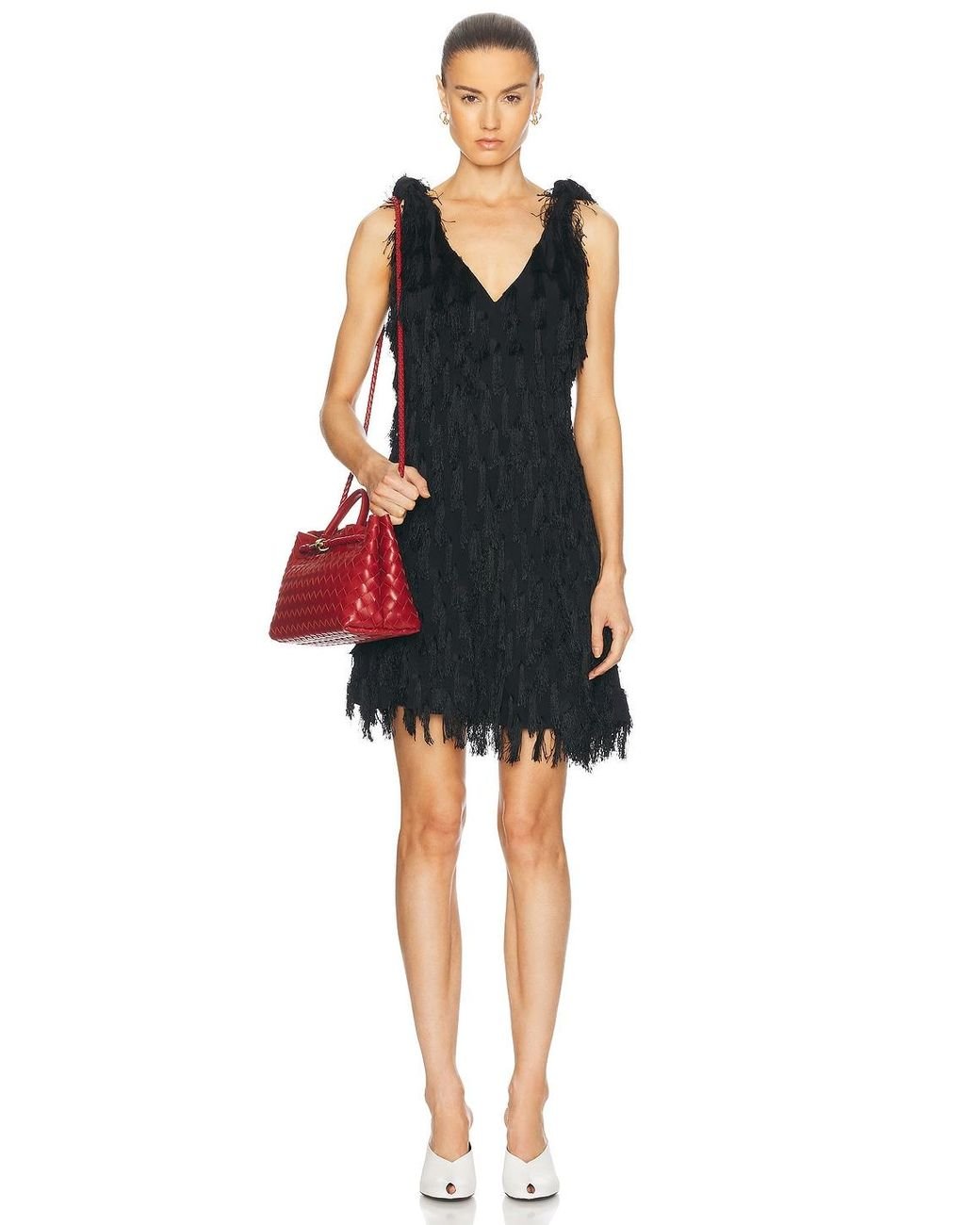 Bottega Veneta Black Fringe Crepe Mini Dress