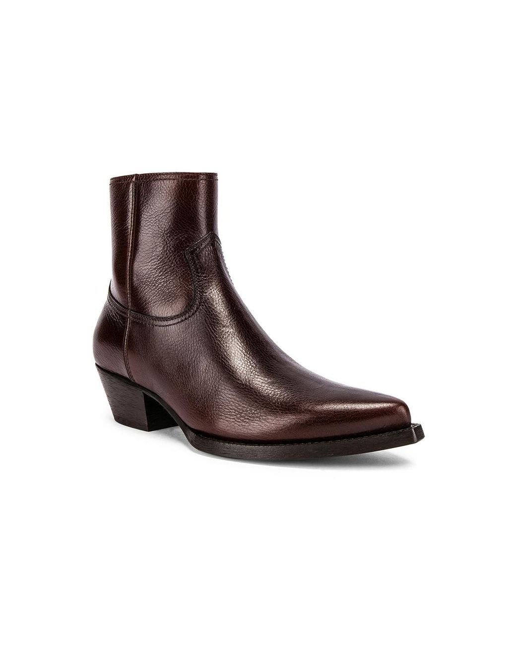 Saint Laurent Lukas Leather Western Ankle Boots in Brown for Men