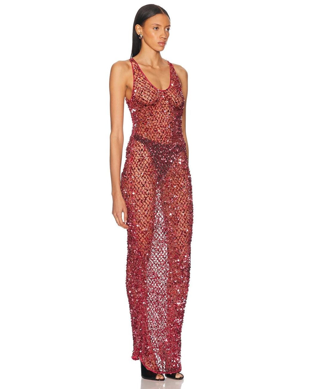 LAPOINTE Red Net Mesh Sequin Tank Gown