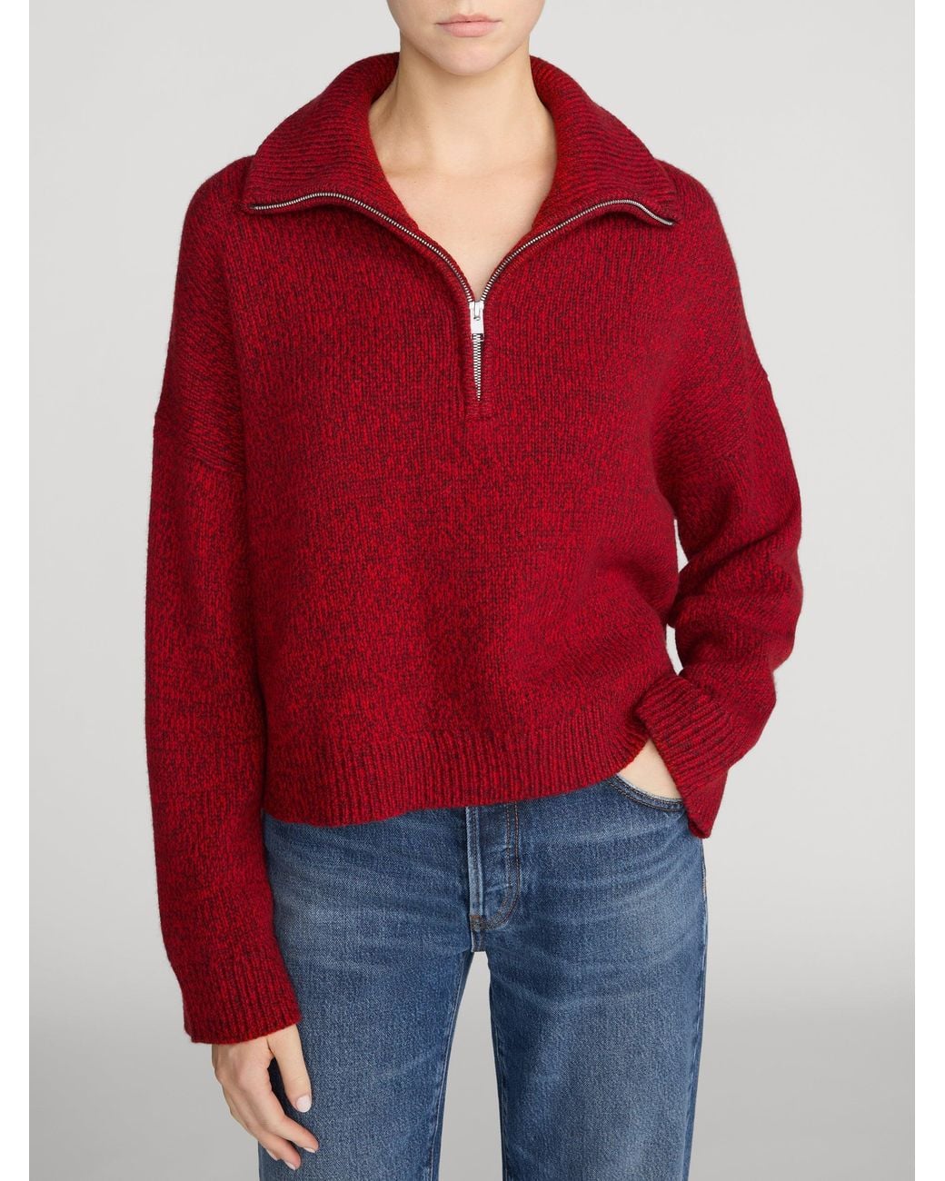 FRAME Red The Half Zip Marled Sweater
