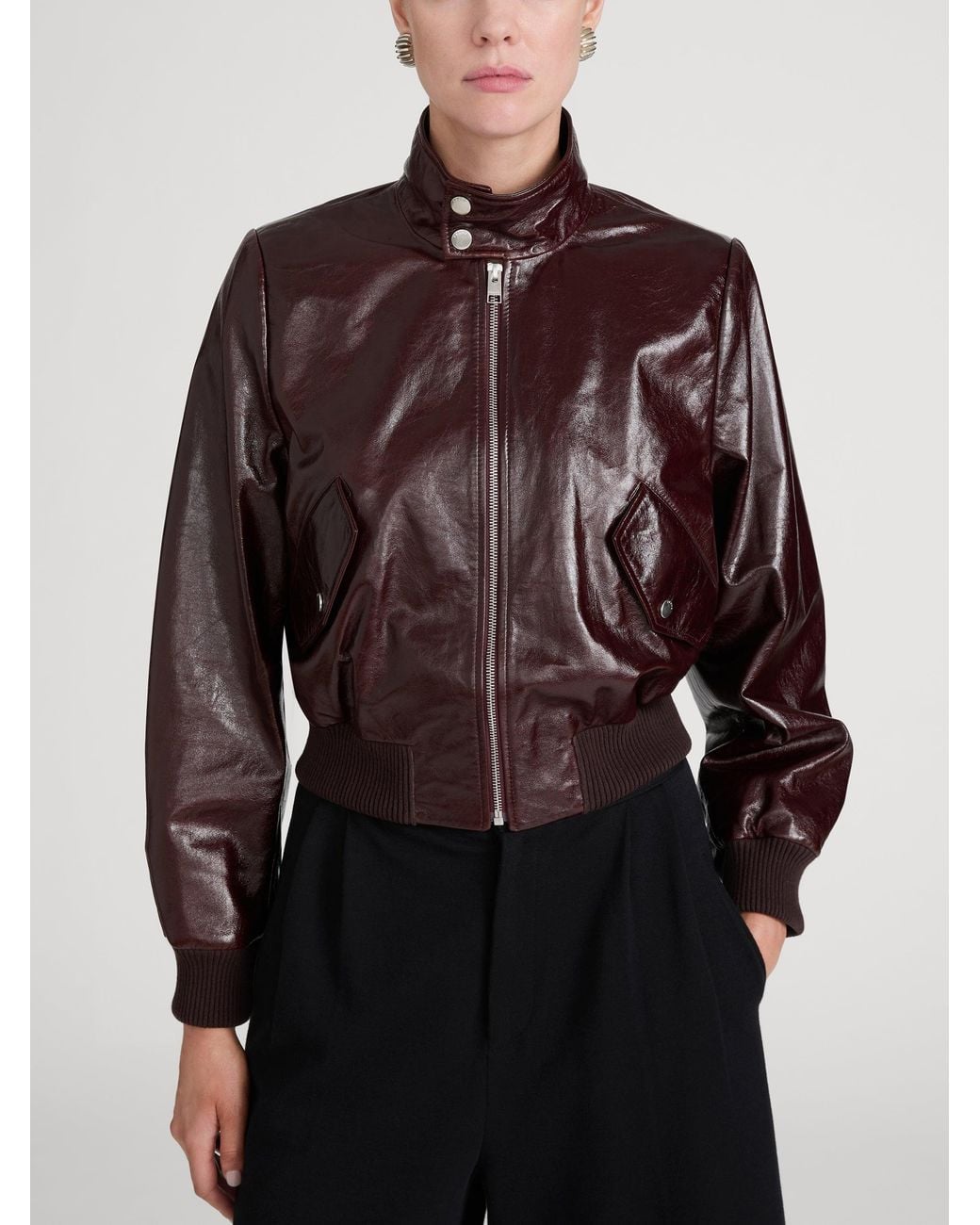 FRAME Brown The Patent Leather Harrington Jacket