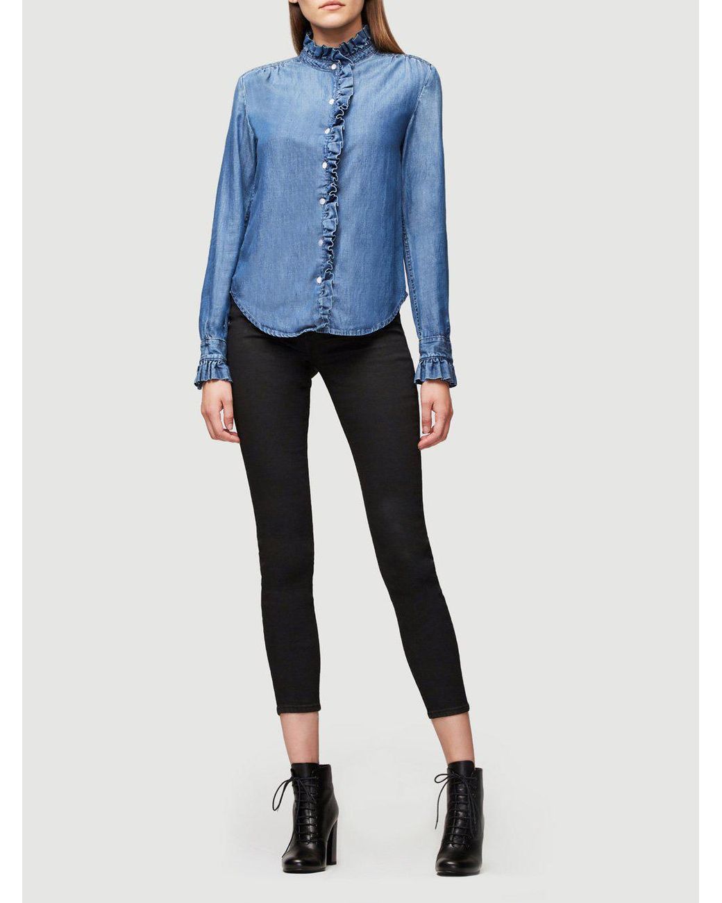 FRAME Ruffle Denim Shirt in Blue | Lyst