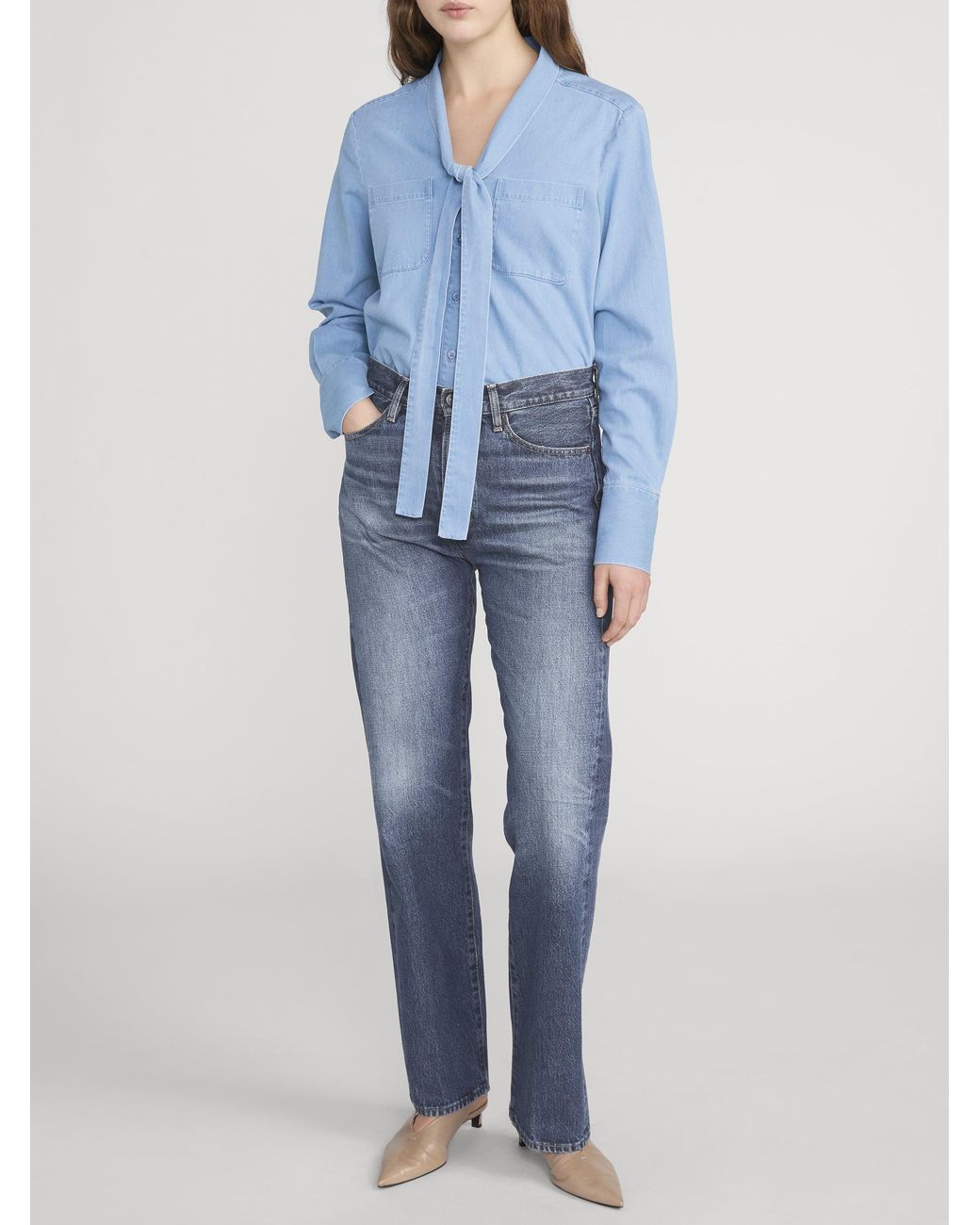 FRAME Blue The Denim Modern Tie Blouse