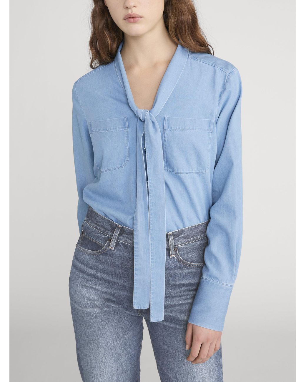 FRAME Blue The Denim Modern Tie Blouse