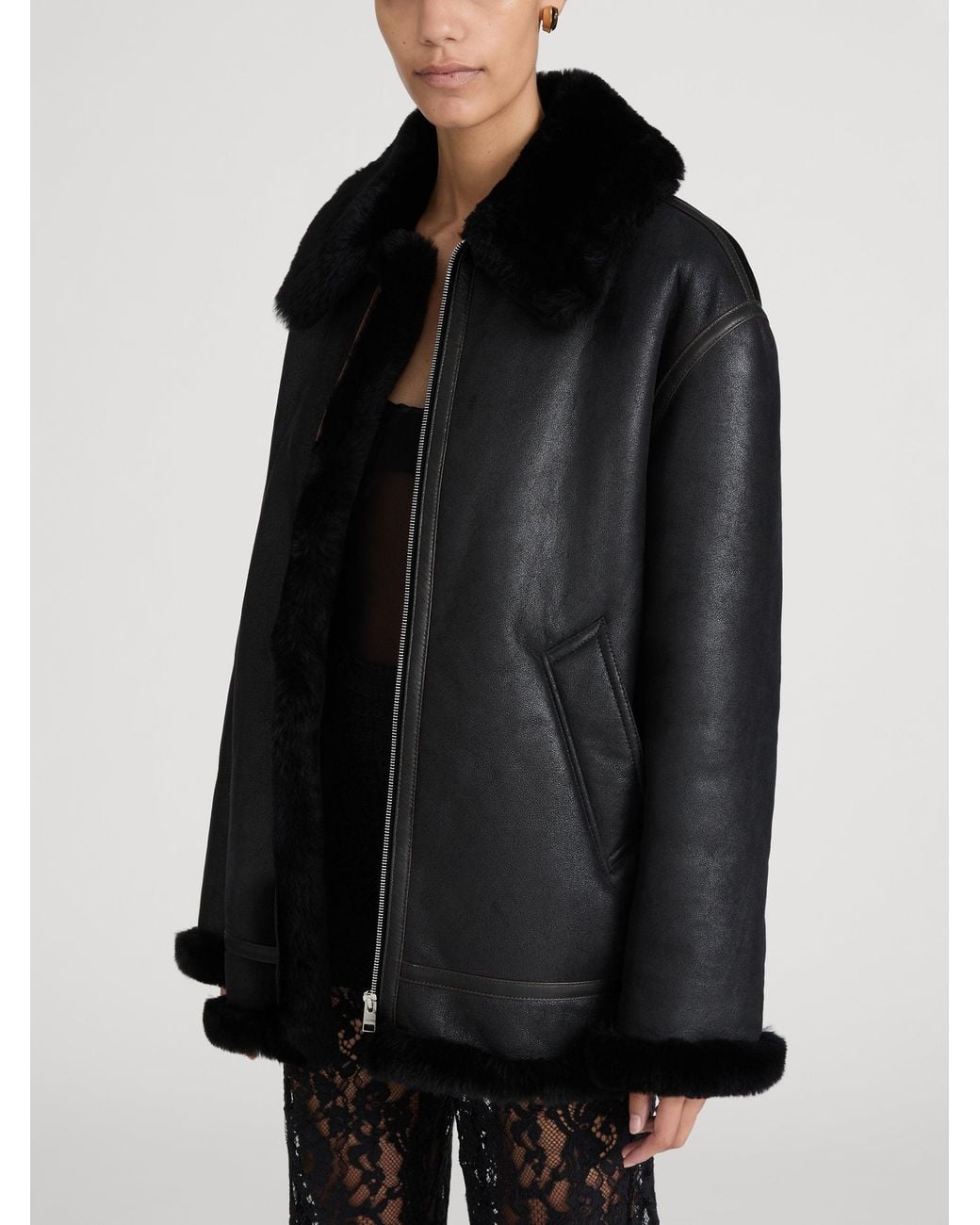 FRAME Black The Shearling Aviator Jacket