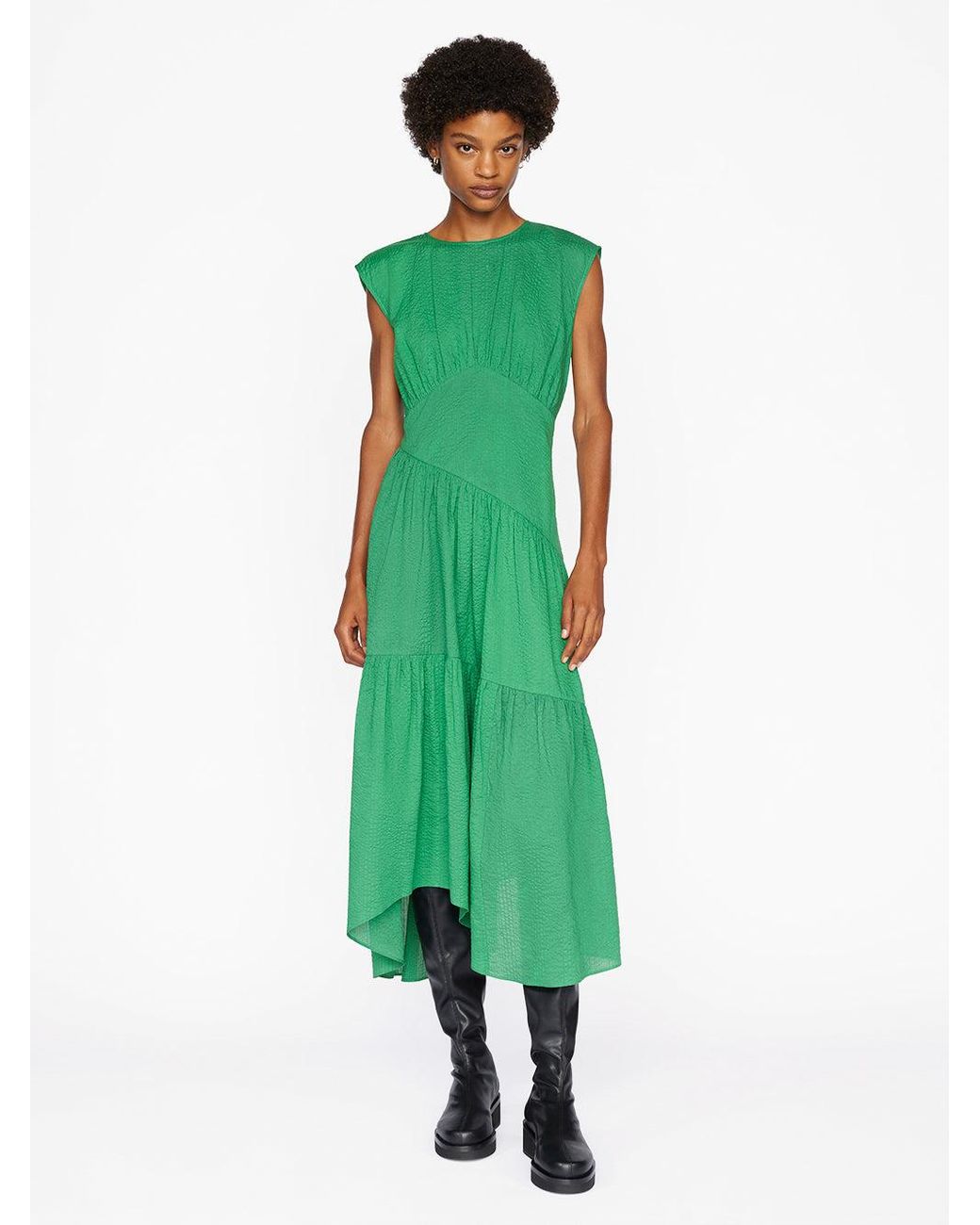 FRAME Gathered Seam Dress in Green | Lyst