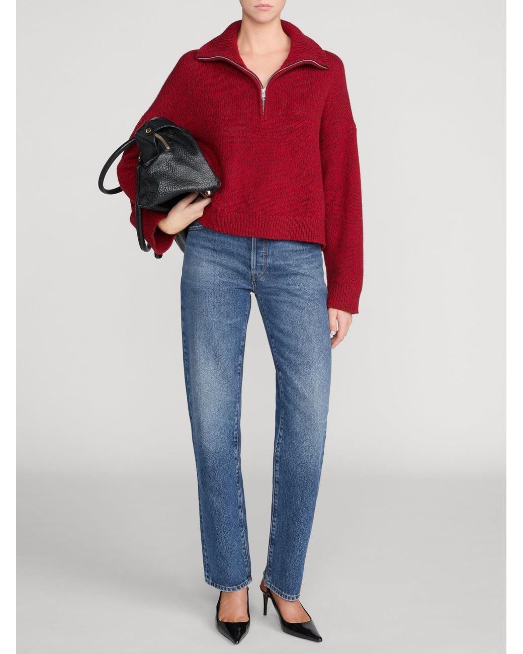 FRAME Red The Half Zip Marled Sweater