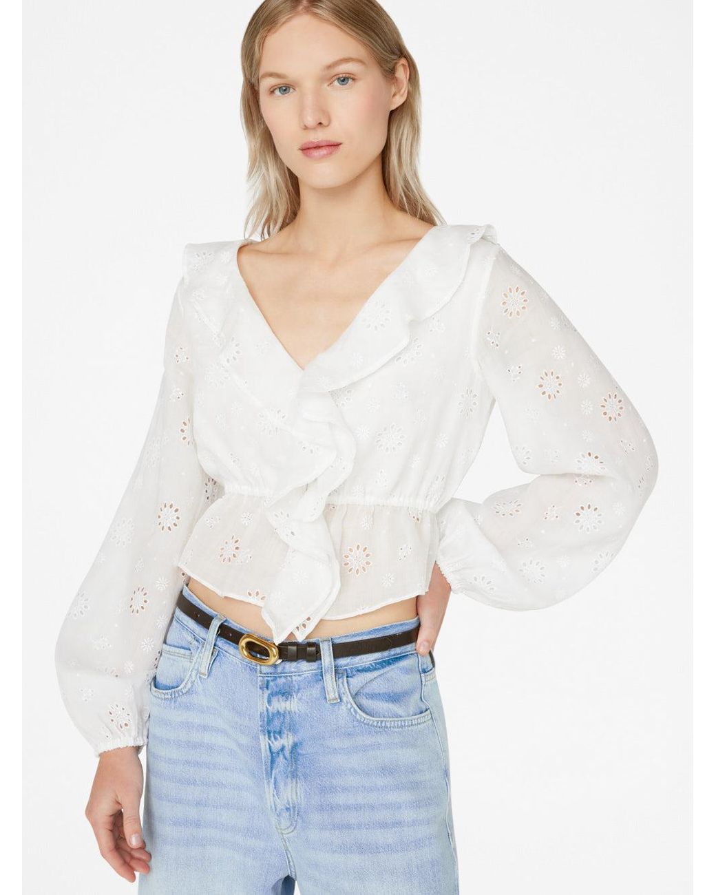 FRAME Ruffle Front Eyelet Top in White | Lyst