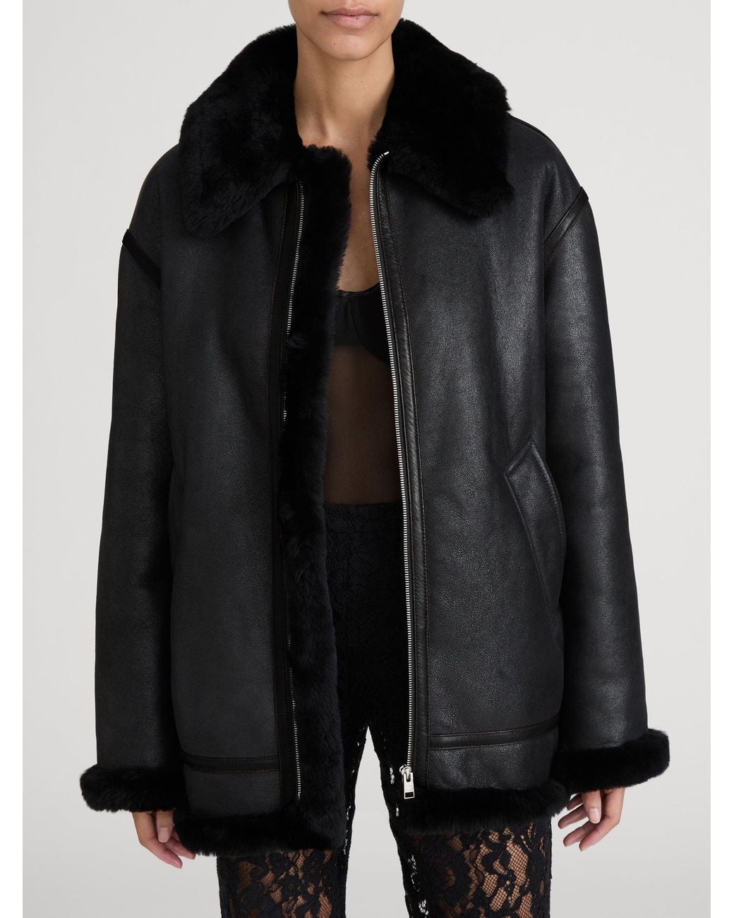 FRAME Black The Shearling Aviator Jacket