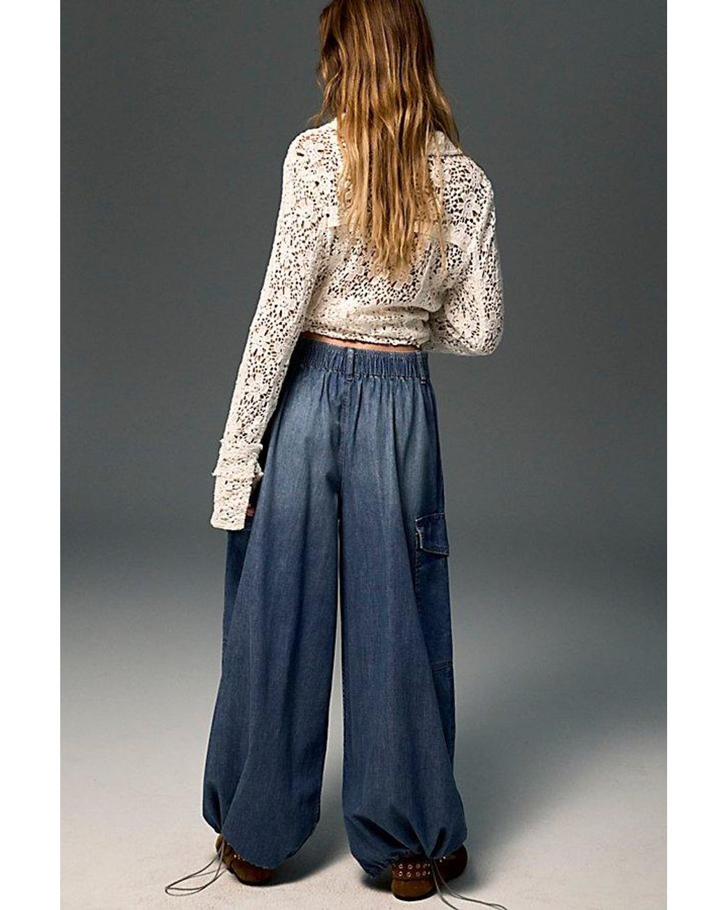 Free People Blue Wild Winds Cinched Wide-Leg Jeans