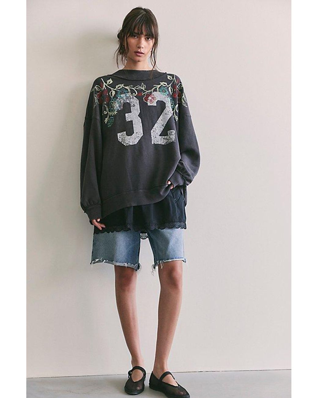 Free People Gray Palm Spring Turtleneck Graphic Pullover