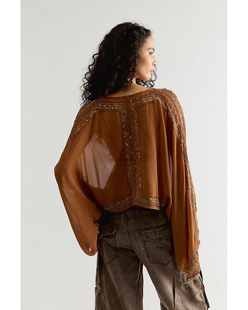 Free People Brown Calla Embellished Cape Top