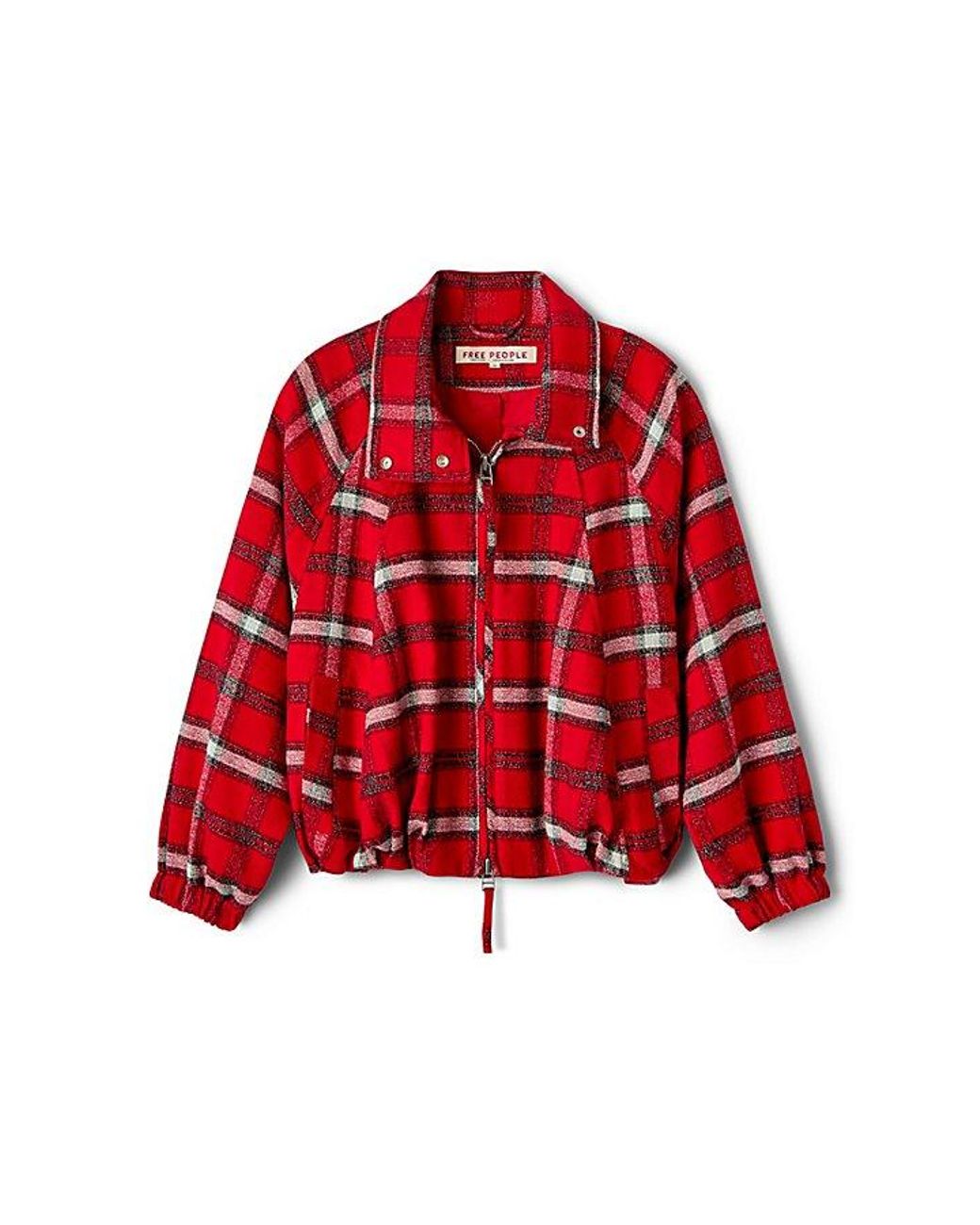 Free People Red Chelsea Plaid Funnel-Neck Oversized Jacket