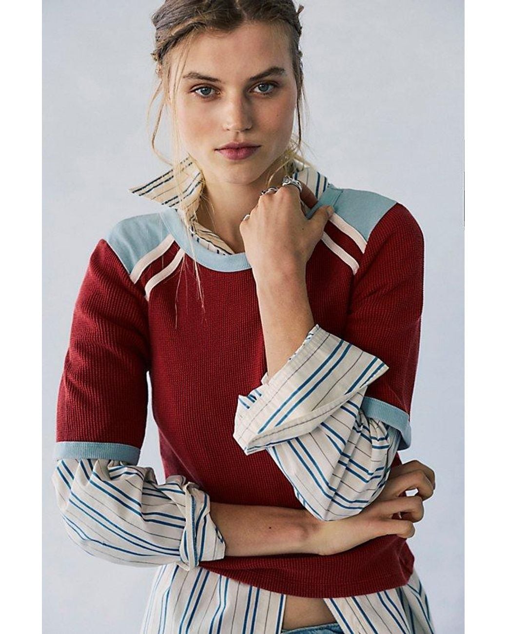 Free People Red Stargazer Colorblock Three-Quarter Sleeve Tee
