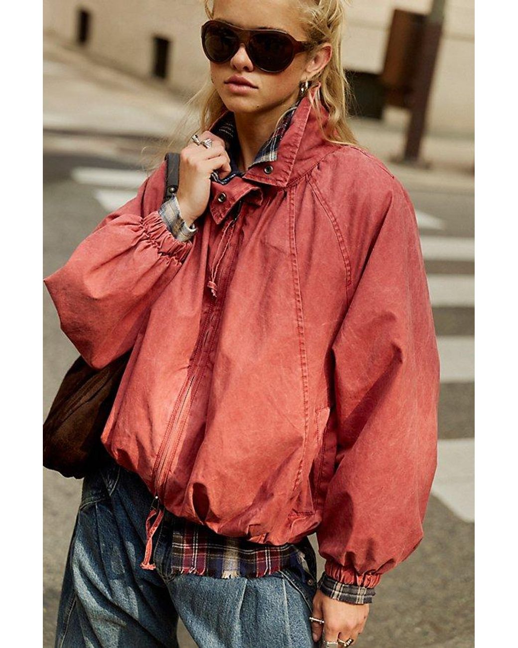 Free People Red Chelsea Funnel-Neck Oversized Jacket
