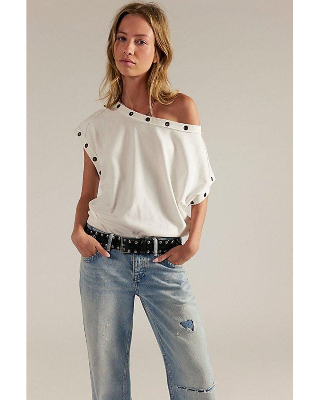 Free People Blue Off-The-Shoulder Billie Tee