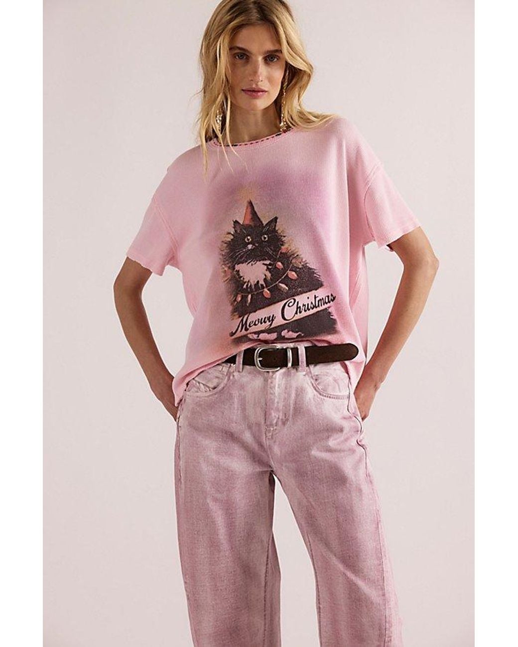 Free People Pink Merry Meowy Tee