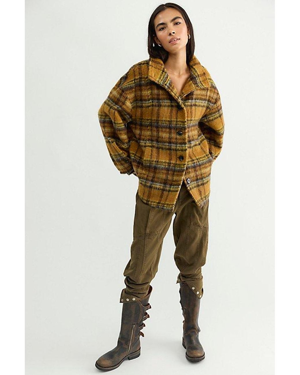 Free People Yellow Beau Plaid Cocoon Coat Jacket