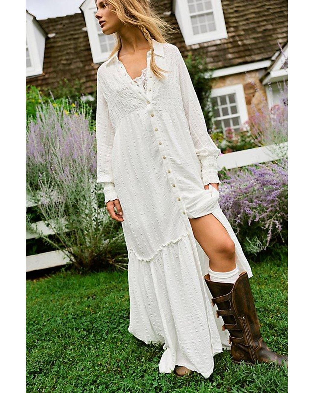 Free People Green Chasing Dawn Collared Maxi Shirtdress