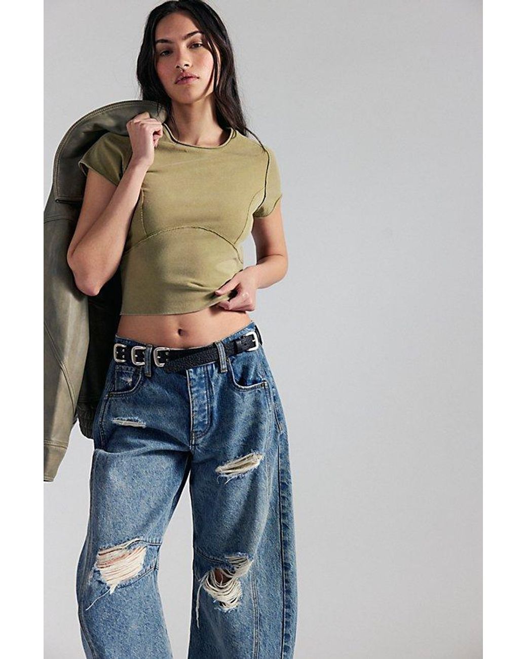 Free People Blue Protagonist Cropped Cap Sleeve Tee
