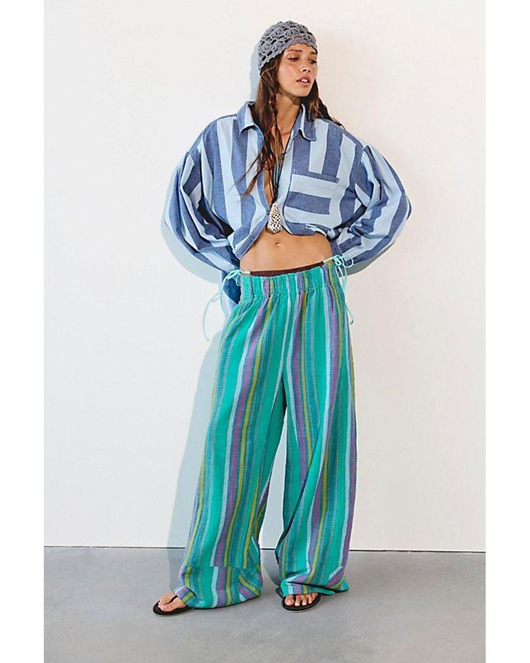 Free People Blue Day's End Linen Striped Pull-On Pants