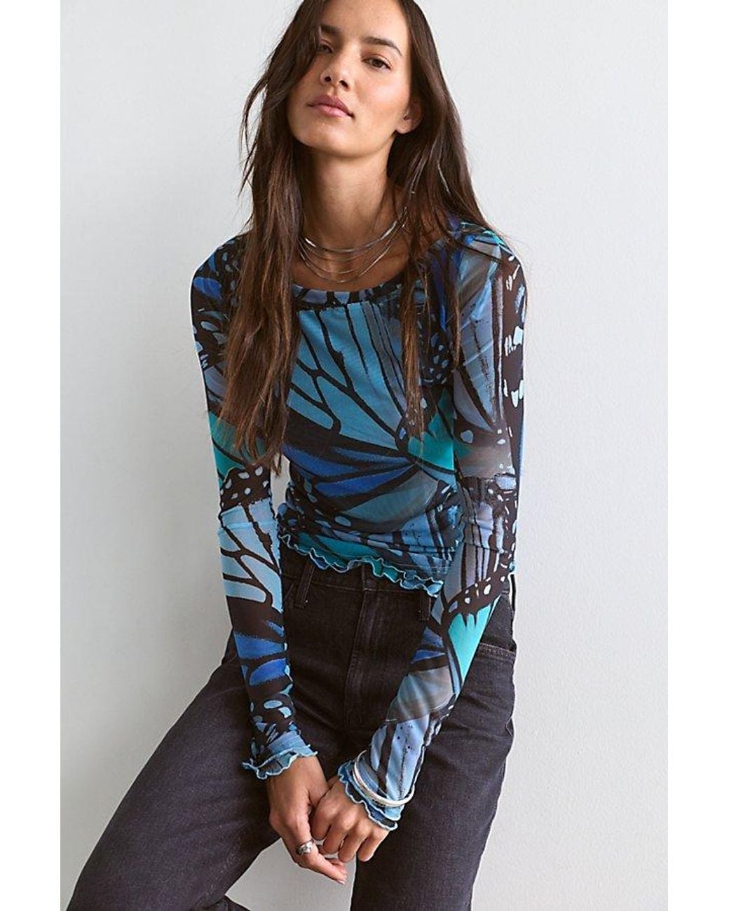 Free People Blue Lilly Printed Boat Neck Long Sleeve Top