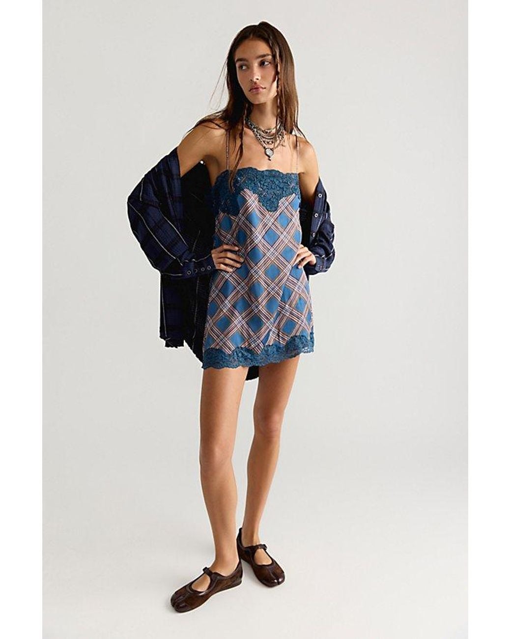 Free People Blue Canal Street Plaid Slip Dress Set