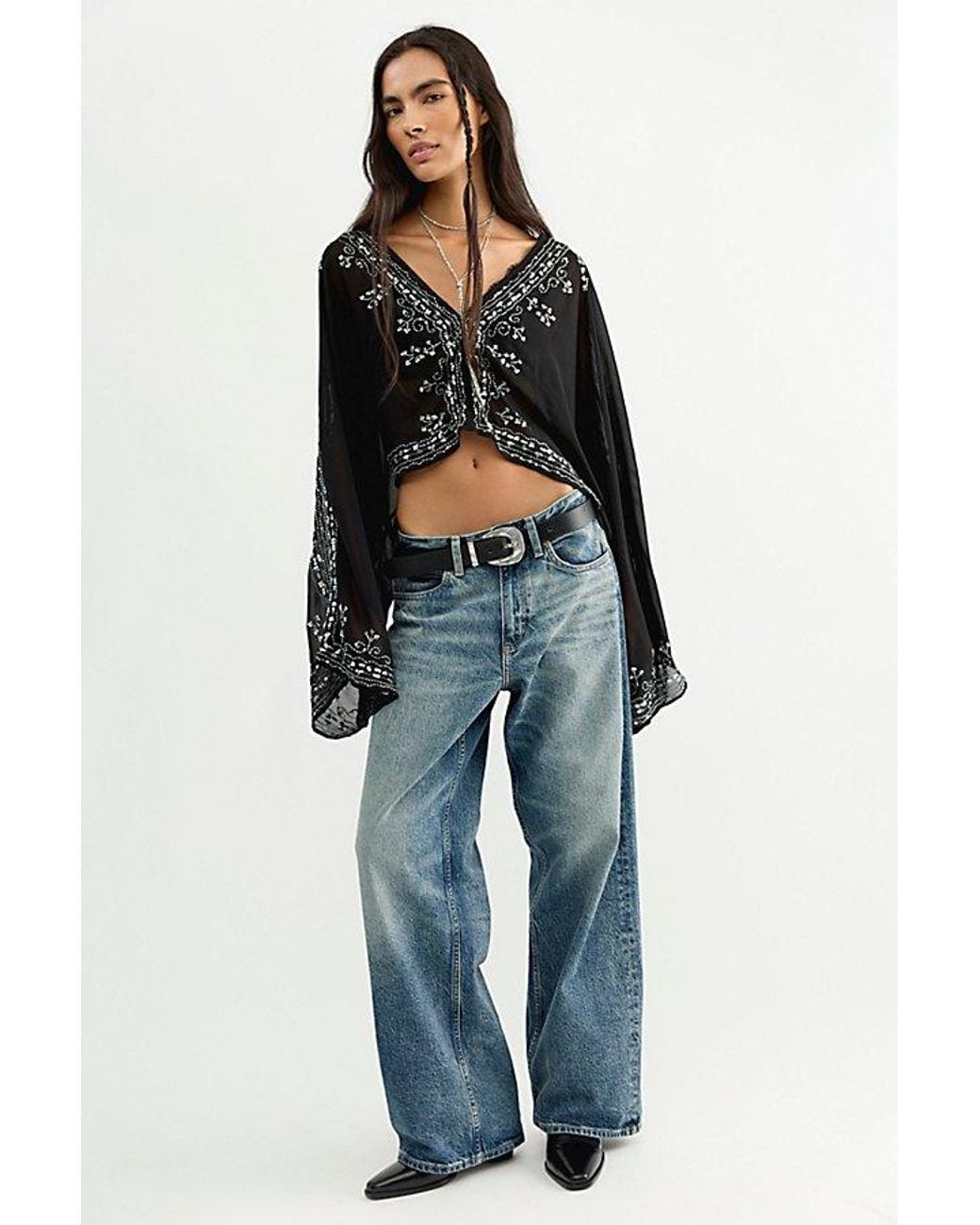 Free People Black Calla Embellished Cape Top
