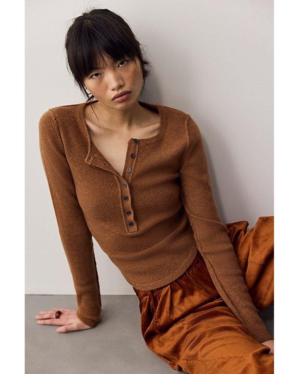 Free People Brown Hudson Solid Cashmere Henley