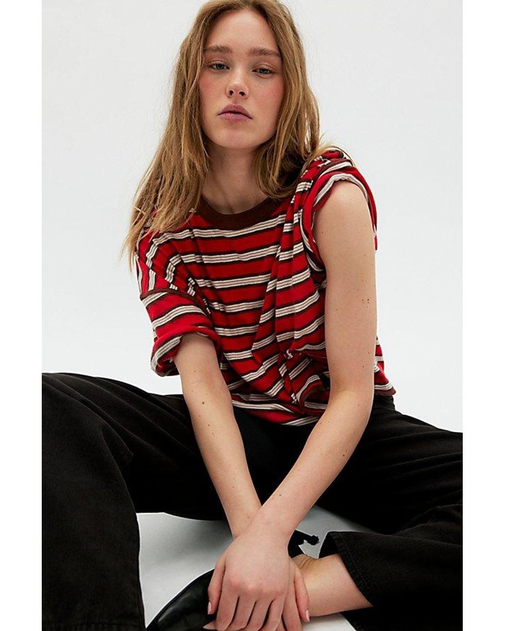 Free People Red Clean Rugby Tee