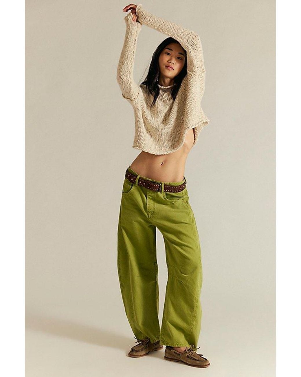 Free People Green Good Luck Mid-Rise Barrel Jeans