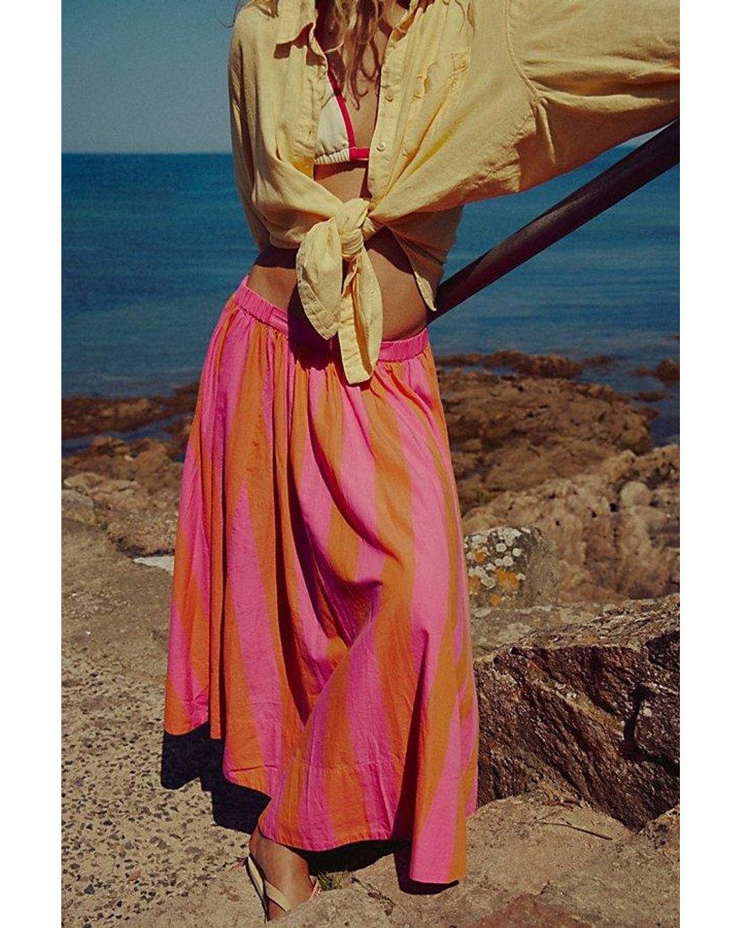 free-est Blue Lowen Striped Midi Skirt By