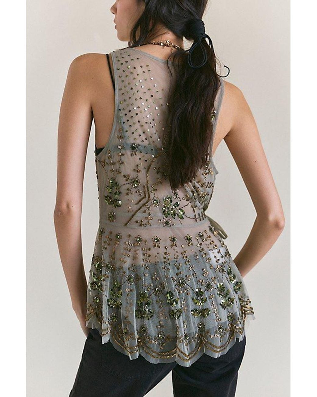 Free People Green Maika Embellished Tank Top