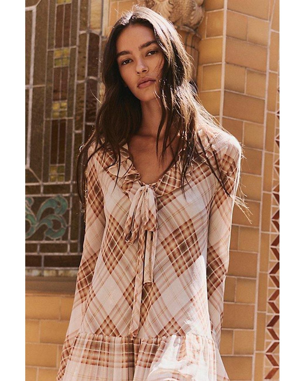 Free People Brown Plaid Petal Maxi Dress