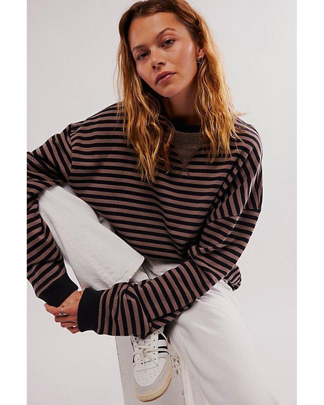 Free People Black Classic Striped Oversized Crewneck