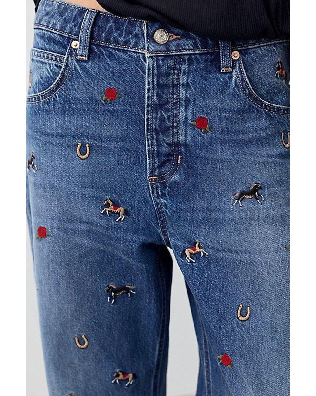 Free People Blue Deep Trance Embroidered Dropped Boyfriend Jeans